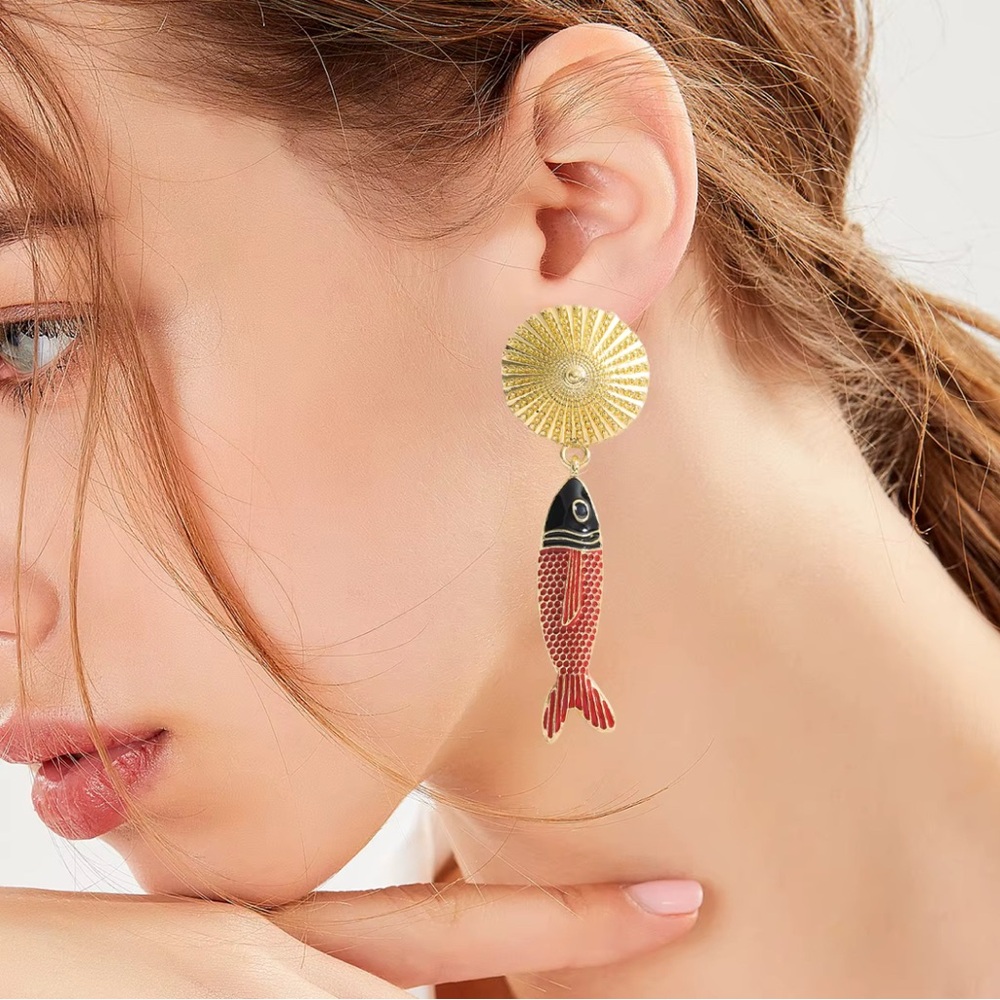 Gold and Red Fish Dangle Earrings